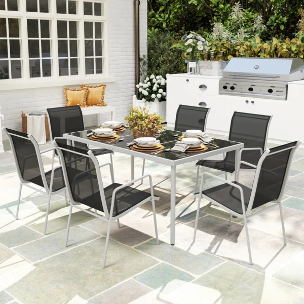 Zitgroep 7 delig eetgroep voor 6 personen eettafel met 6 stapelbare stoelen eetkamergroep met glazen tafel keukentafel set balkonmeubilair tuinmeubilair voor terras, balkon eetkamer zwart 2