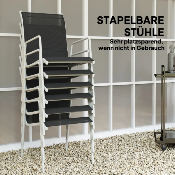 Zitgroep 7 delig eetgroep voor 6 personen eettafel met 6 stapelbare stoelen eetkamergroep met glazen tafel keukentafel set balkonmeubilair tuinmeubilair voor terras, balkon eetkamer zwart 6