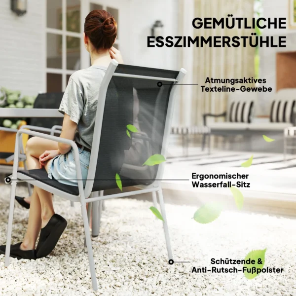 Zitgroep 7 delig eetgroep voor 6 personen eettafel met 6 stapelbare stoelen eetkamergroep met glazen tafel keukentafel set balkonmeubilair tuinmeubilair voor terras, balkon eetkamer zwart 7