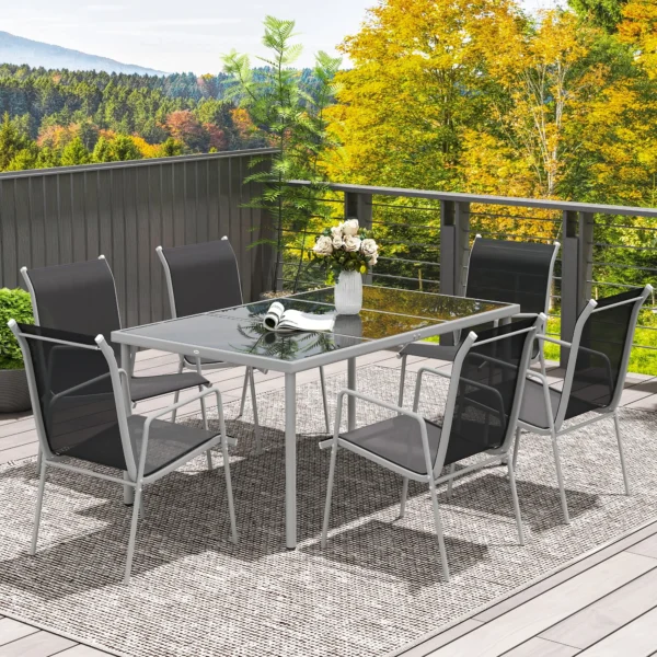 Zitgroep 7 delig eetgroep voor 6 personen eettafel met 6 stapelbare stoelen eetkamergroep met glazen tafel keukentafel set balkonmeubilair tuinmeubilair voor terras, balkon eetkamer zwart 8