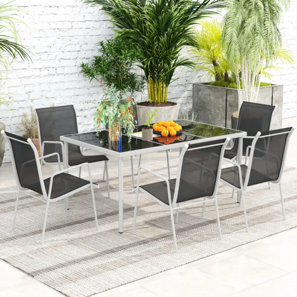 Zitgroep 7 delig eetgroep voor 6 personen eettafel met 6 stapelbare stoelen eetkamergroep met glazen tafel keukentafel set balkonmeubilair tuinmeubilair voor terras, balkon eetkamer zwart 9