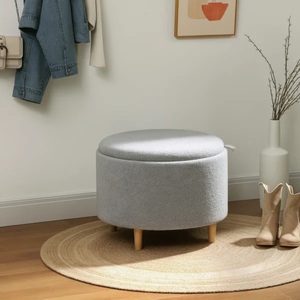Zitkruk ottomaan met opbergruimte ronde gestoffeerde kruk met klapdeksel, houten poten, modern, voor woonkamer, slaapkamer, grijs, Ø56 x 42 cm 2