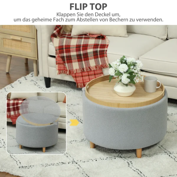 Zitkruk ottomaan met opbergruimte ronde gestoffeerde kruk met klapdeksel, houten poten, modern, voor woonkamer, slaapkamer, grijs, Ø56 x 42 cm 5