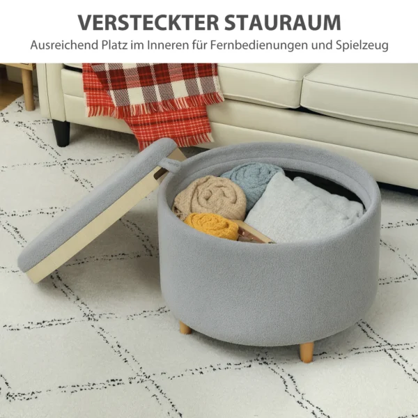 Zitkruk ottomaan met opbergruimte ronde gestoffeerde kruk met klapdeksel, houten poten, modern, voor woonkamer, slaapkamer, grijs, Ø56 x 42 cm 6