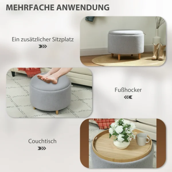 Zitkruk ottomaan met opbergruimte ronde gestoffeerde kruk met klapdeksel, houten poten, modern, voor woonkamer, slaapkamer, grijs, Ø56 x 42 cm 8