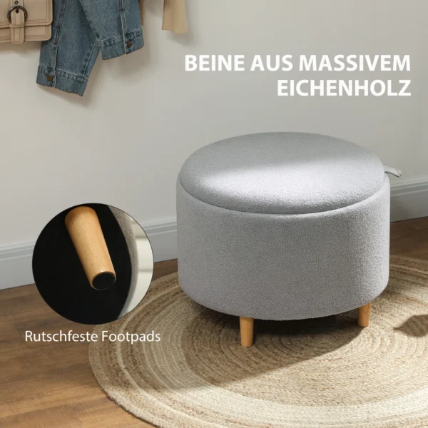 Zitkruk ottomaan met opbergruimte ronde gestoffeerde kruk met klapdeksel, houten poten, modern, voor woonkamer, slaapkamer, grijs, Ø56 x 42 cm 9