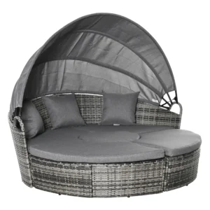 Zonne eiland rattan loungeset met zonnedak en kussens, in hoogte verstelbare bijzettafel, grijs, 175x180x147cm voor tuin & terras 1