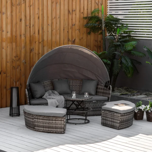 Zonne eiland rattan loungeset met zonnedak en kussens, in hoogte verstelbare bijzettafel, grijs, 175x180x147cm voor tuin & terras 2