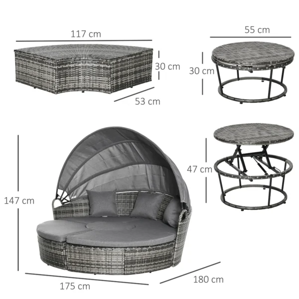 Zonne eiland rattan loungeset met zonnedak en kussens, in hoogte verstelbare bijzettafel, grijs, 175x180x147cm voor tuin & terras 4