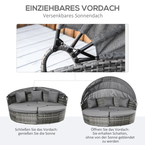 Zonne eiland rattan loungeset met zonnedak en kussens, in hoogte verstelbare bijzettafel, grijs, 175x180x147cm voor tuin & terras 6