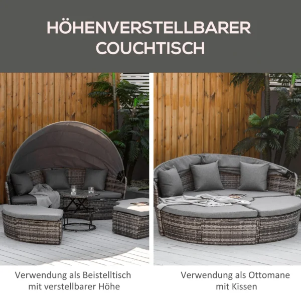 Zonne eiland rattan loungeset met zonnedak en kussens, in hoogte verstelbare bijzettafel, grijs, 175x180x147cm voor tuin & terras 7