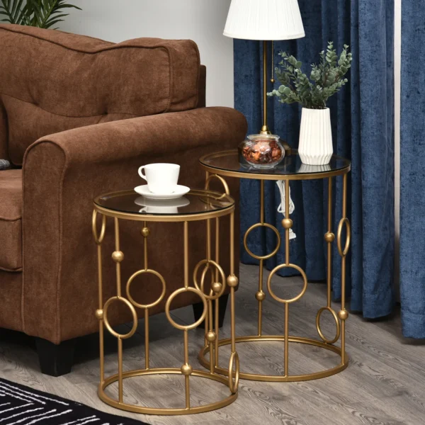 2 delige set salontafel, bijzettafel met glazen blad, woonkamertafel met band en bolontwerp, sofatafel voor woonkamer, slaapkamer, gang, Ø41 x 57 cm, goud 2
