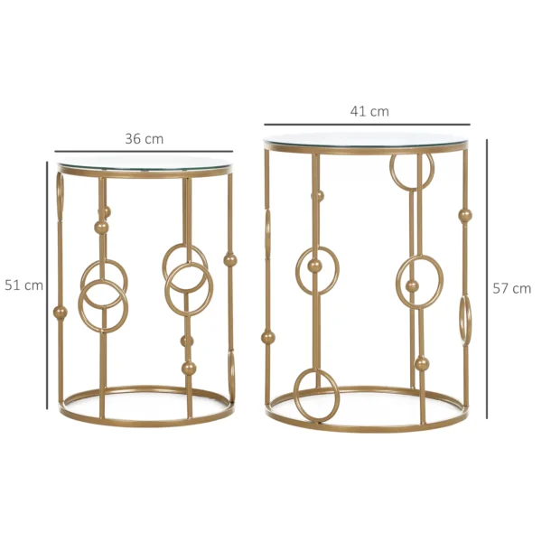 2 delige set salontafel, bijzettafel met glazen blad, woonkamertafel met band en bolontwerp, sofatafel voor woonkamer, slaapkamer, gang, Ø41 x 57 cm, goud 4