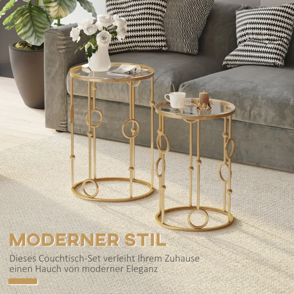 2 delige set salontafel, bijzettafel met glazen blad, woonkamertafel met band en bolontwerp, sofatafel voor woonkamer, slaapkamer, gang, Ø41 x 57 cm, goud 5