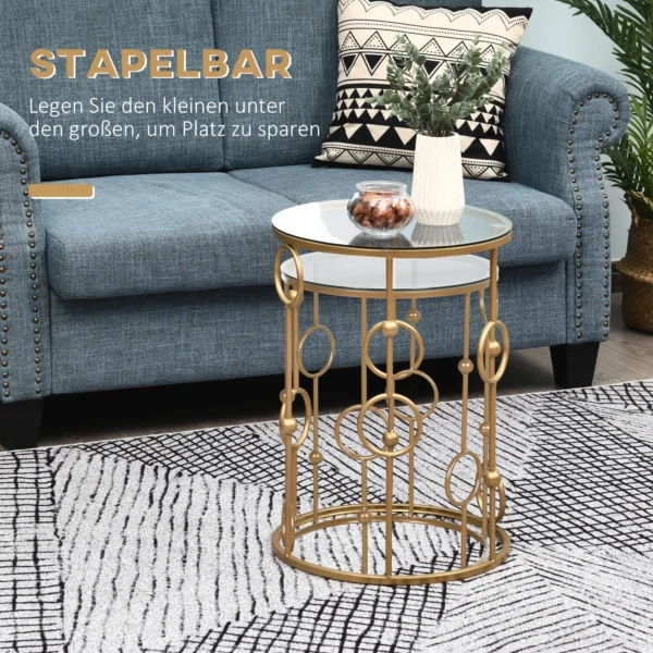 2 delige set salontafel, bijzettafel met glazen blad, woonkamertafel met band en bolontwerp, sofatafel voor woonkamer, slaapkamer, gang, Ø41 x 57 cm, goud 7