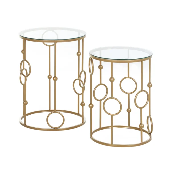 2 delige set salontafel, bijzettafel met glazen blad, woonkamertafel met band en bolontwerp, sofatafel voor woonkamer, slaapkamer, gang, Ø41 x 57 cm, goud 9