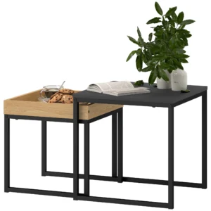 2 delige set salontafel, vierkante bijzettafel, koffietafel met stalen frame, sofatafel in modern design, voor woonkamer, tot 30 kg belastbaar, zwart+eik 1