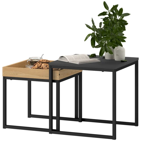 2 delige set salontafel, vierkante bijzettafel, koffietafel met stalen frame, sofatafel in modern design, voor woonkamer, tot 30 kg belastbaar, zwart+eik 1