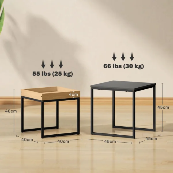 2 delige set salontafel, vierkante bijzettafel, koffietafel met stalen frame, sofatafel in modern design, voor woonkamer, tot 30 kg belastbaar, zwart+eik 4