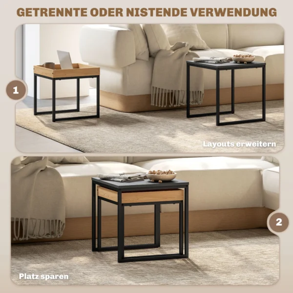 2 delige set salontafel, vierkante bijzettafel, koffietafel met stalen frame, sofatafel in modern design, voor woonkamer, tot 30 kg belastbaar, zwart+eik 5