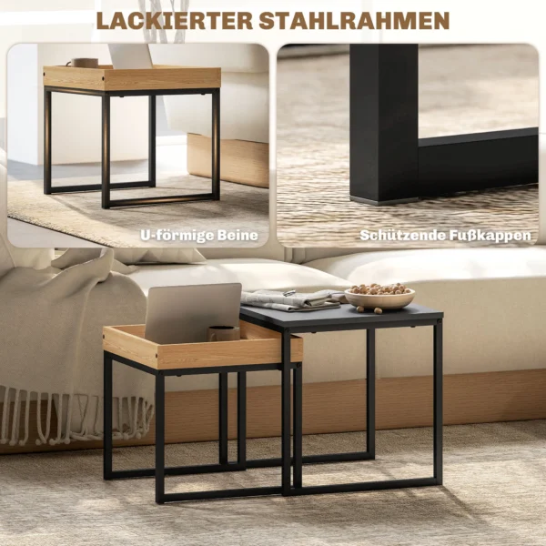 2 delige set salontafel, vierkante bijzettafel, koffietafel met stalen frame, sofatafel in modern design, voor woonkamer, tot 30 kg belastbaar, zwart+eik 6