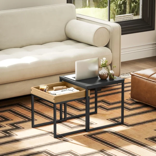 2 delige set salontafel, vierkante bijzettafel, koffietafel met stalen frame, sofatafel in modern design, voor woonkamer, tot 30 kg belastbaar, zwart+eik 7