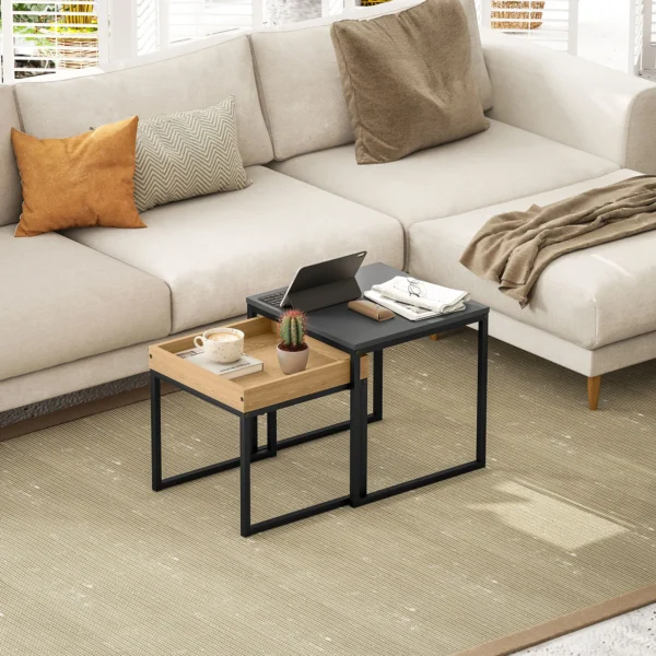 2 delige set salontafel, vierkante bijzettafel, koffietafel met stalen frame, sofatafel in modern design, voor woonkamer, tot 30 kg belastbaar, zwart+eik 8