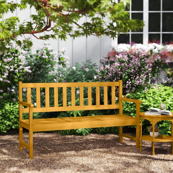 2 zits tuinbank hout, weerbestendige zitbank, tuinmeubelen met rug & armleuningen, inklapbare tafel parkbank 320kg belastbaar, balkonbank, houtenbank voor balkon, tuin, 149x56,5x89cm, teak 10
