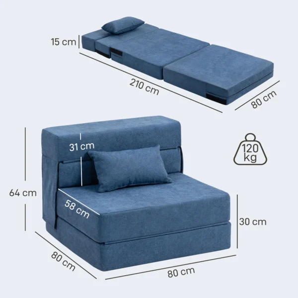 3 in 1 slaapstoel, opvouwbare slaapbank met bedfunctie, lendenkussen, relaxstoel in flanellook, chaise longue voor woonkamer, donkerblauw 4