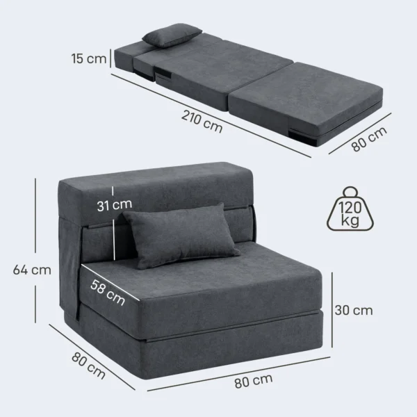 3 in 1 slaapstoel, opvouwbare slaapbank met bedfunctie, lendenkussen, relaxstoel in flanellook, chaise longue voor woonkamer, donkergrijs 4