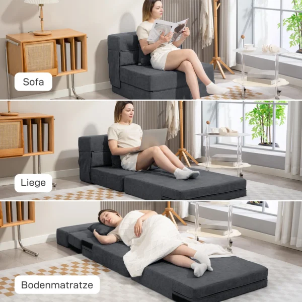 3 in 1 slaapstoel, opvouwbare slaapbank met bedfunctie, lendenkussen, relaxstoel in flanellook, chaise longue voor woonkamer, donkergrijs 5