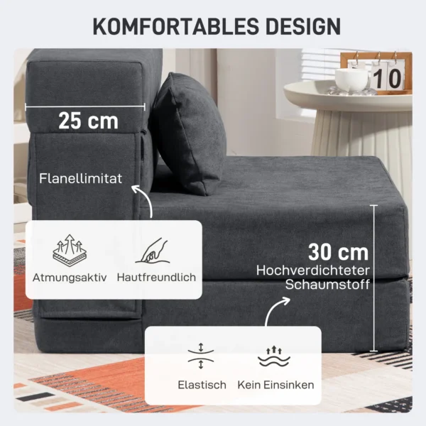 3 in 1 slaapstoel, opvouwbare slaapbank met bedfunctie, lendenkussen, relaxstoel in flanellook, chaise longue voor woonkamer, donkergrijs 6