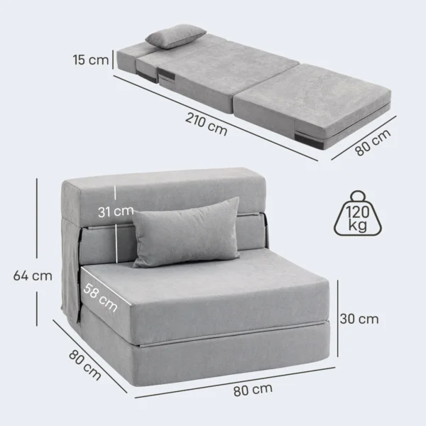 3 in 1 slaapstoel, opvouwbare slaapbank met bedfunctie, lendenkussen, relaxstoel in flanellook, chaise longue voor woonkamer, lichtgrijs 4