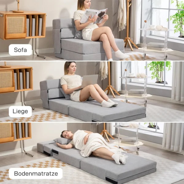 3 in 1 slaapstoel, opvouwbare slaapbank met bedfunctie, lendenkussen, relaxstoel in flanellook, chaise longue voor woonkamer, lichtgrijs 5