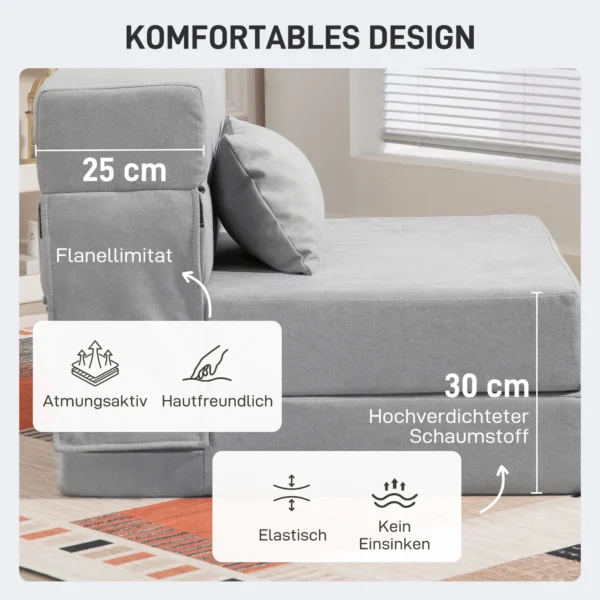 3 in 1 slaapstoel, opvouwbare slaapbank met bedfunctie, lendenkussen, relaxstoel in flanellook, chaise longue voor woonkamer, lichtgrijs 6