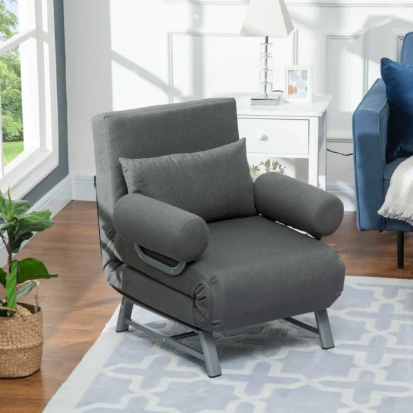 3 in 1 slaapstoel, slaapbank met bedfunctie, sierkussens, opklapbare relaxstoel met verstelbare rugleuning armleuning ligstoel in linnenlook, voor woonkamer, donkergrijs 2