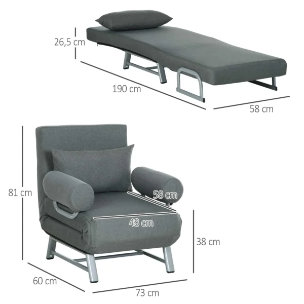 3 in 1 slaapstoel, slaapbank met bedfunctie, sierkussens, opklapbare relaxstoel met verstelbare rugleuning armleuning ligstoel in linnenlook, voor woonkamer, donkergrijs 4