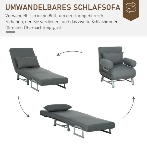 3 in 1 slaapstoel, slaapbank met bedfunctie, sierkussens, opklapbare relaxstoel met verstelbare rugleuning armleuning ligstoel in linnenlook, voor woonkamer, donkergrijs 5