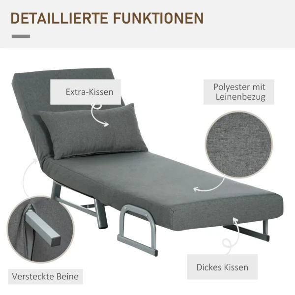 3 in 1 slaapstoel, slaapbank met bedfunctie, sierkussens, opklapbare relaxstoel met verstelbare rugleuning armleuning ligstoel in linnenlook, voor woonkamer, donkergrijs 7