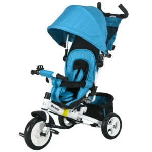 6 in 1 driewieler met duwstang, kinderdriewieler met afneembaar zonnedak, kussen, loopfiets met 5 punts veiligheidsgordel, mand, bekerhouder, voor 1 5 jaar kinderen, blauw 1