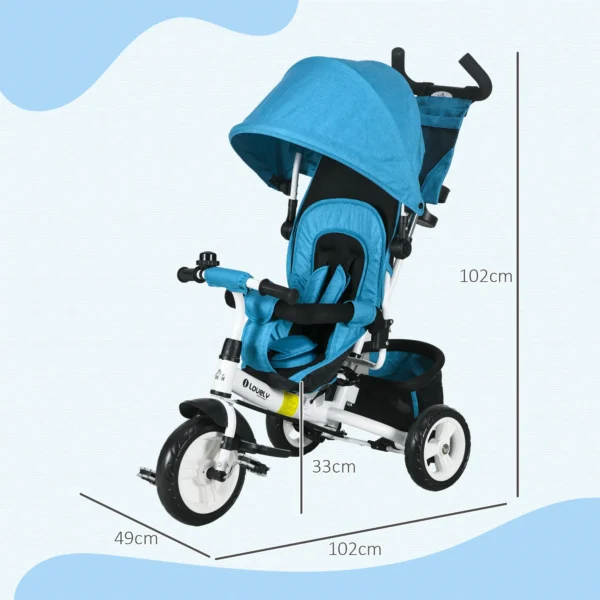 6 in 1 driewieler met duwstang, kinderdriewieler met afneembaar zonnedak, kussen, loopfiets met 5 punts veiligheidsgordel, mand, bekerhouder, voor 1 5 jaar kinderen, blauw 4