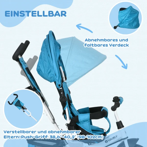 6 in 1 driewieler met duwstang, kinderdriewieler met afneembaar zonnedak, kussen, loopfiets met 5 punts veiligheidsgordel, mand, bekerhouder, voor 1 5 jaar kinderen, blauw 6