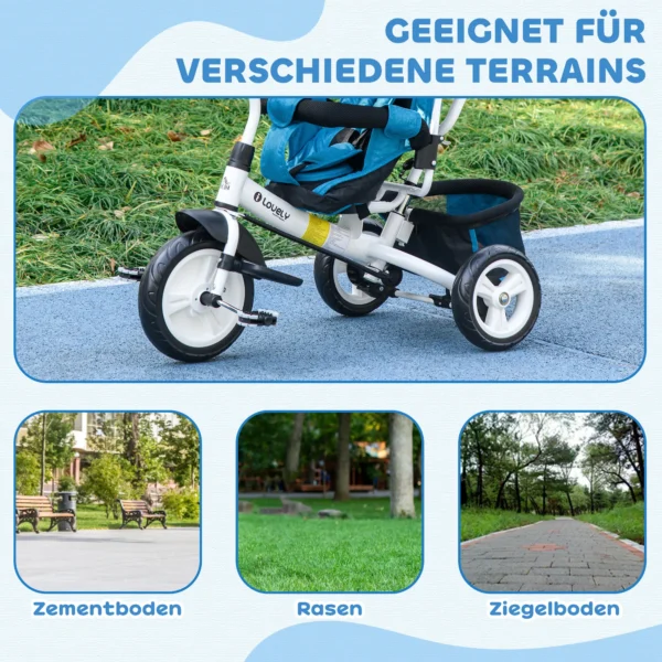 6 in 1 driewieler met duwstang, kinderdriewieler met afneembaar zonnedak, kussen, loopfiets met 5 punts veiligheidsgordel, mand, bekerhouder, voor 1 5 jaar kinderen, blauw 7
