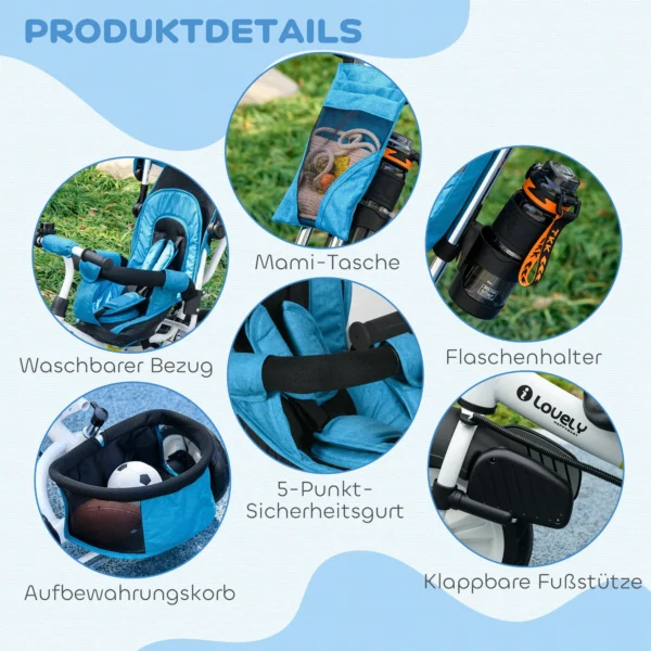 6 in 1 driewieler met duwstang, kinderdriewieler met afneembaar zonnedak, kussen, loopfiets met 5 punts veiligheidsgordel, mand, bekerhouder, voor 1 5 jaar kinderen, blauw 8