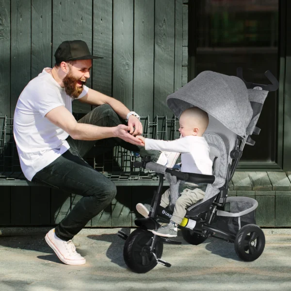 6 in 1 driewieler met duwstang, kinderdriewieler met afneembaar zonnedak, kussen, loopfiets met 5 punts veiligheidsgordel, mand, bekerhouder, voor 1 5 jaar kinderen, grijs 2