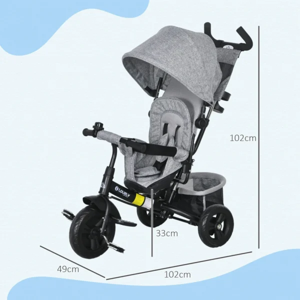 6 in 1 driewieler met duwstang, kinderdriewieler met afneembaar zonnedak, kussen, loopfiets met 5 punts veiligheidsgordel, mand, bekerhouder, voor 1 5 jaar kinderen, grijs 4