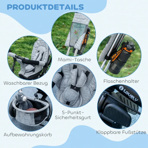 6 in 1 driewieler met duwstang, kinderdriewieler met afneembaar zonnedak, kussen, loopfiets met 5 punts veiligheidsgordel, mand, bekerhouder, voor 1 5 jaar kinderen, grijs 8