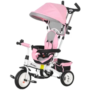 6 in 1 driewieler met duwstang, kinderdriewieler met afneembaar zonnedak, loopfiets met 5 punts veiligheidsgordel, mand, bekerhouder, voor 1 5 jaar kinderen, roze 1