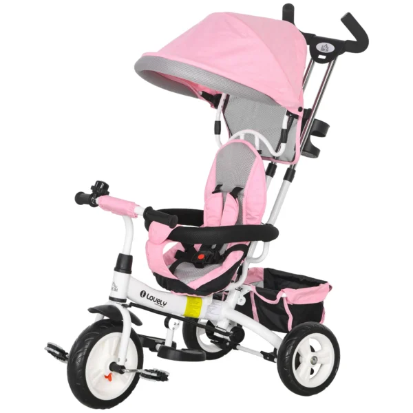 6 in 1 driewieler met duwstang, kinderdriewieler met afneembaar zonnedak, loopfiets met 5 punts veiligheidsgordel, mand, bekerhouder, voor 1 5 jaar kinderen, roze 1
