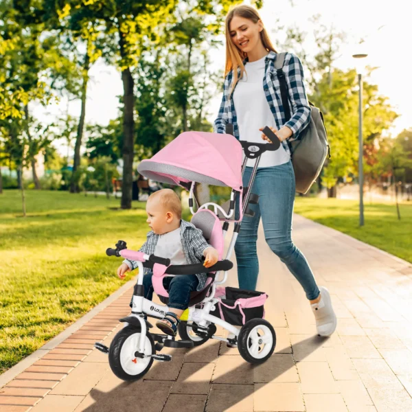 6 in 1 driewieler met duwstang, kinderdriewieler met afneembaar zonnedak, loopfiets met 5 punts veiligheidsgordel, mand, bekerhouder, voor 1 5 jaar kinderen, roze 2